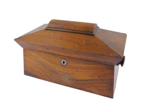 A Regency rosewood sarcophagus tea caddy, with turned wooden handles, triple compartment interior, 33cm W, 18cm D, 20cm H.