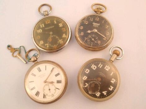 Three black dial pocket watches and a silver cased example