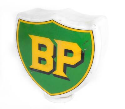 A BP pump globe, yellow lettering against a green shield ground, 44cm W.