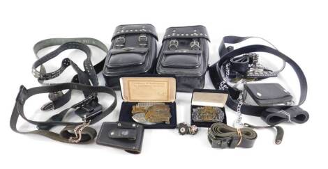 A pair of Harley Davidson black leather panniers, together with wallets, belts and belt buckles bearing Harley Davidson logos. (qty)