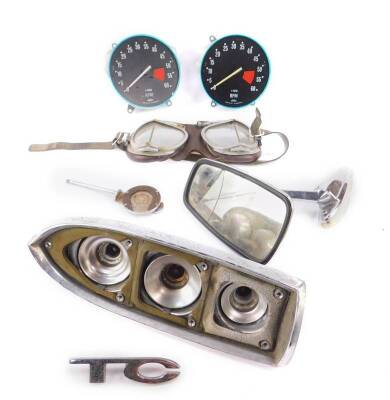 A pair of Jaeger rev counters, wing mirror, pair of driving goggles and sundries. (qty)