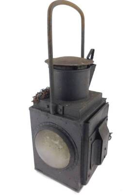 A black metal railway lantern, with double light aperture, 48cm H.