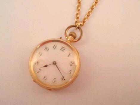 An 18ct gold cased fob watch on a belcher chain stamped 9ct