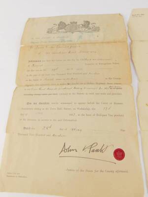 Two motoring summonsises and a Notice of Prosecution 1912, issued in Barnet, Country of Hertford, on 19th May 1912, to Louis Victor Edmund Jaune for Driving a Motorcycle without being licensed and exceeding the speed limit of 10 miles per hour, to wit 24 - 2