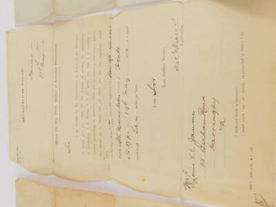 Two motoring summonsises and a Notice of Prosecution 1912, issued in Barnet, Country of Hertford, on 19th May 1912, to Louis Victor Edmund Jaune for Driving a Motorcycle without being licensed and exceeding the speed limit of 10 miles per hour, to wit 24 - 3