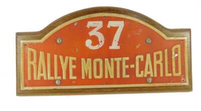 An Imprimeto Rallye Monte Carlo metal sign, painted with the No 37, oak backed, 49cm W.