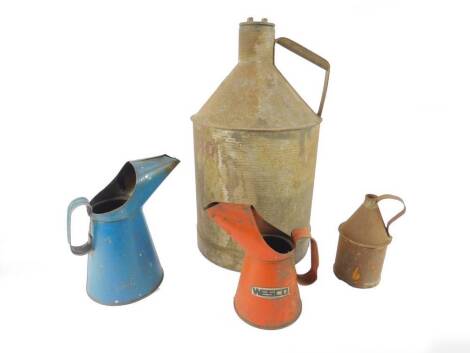 A Kaye's of Leeds cylindrical petrol can, 41.5cm H, oil canister and two 1ltr and 500ml oil jugs. (4)