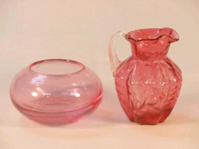 A 20thC pink tinted glass hemispherical bowl