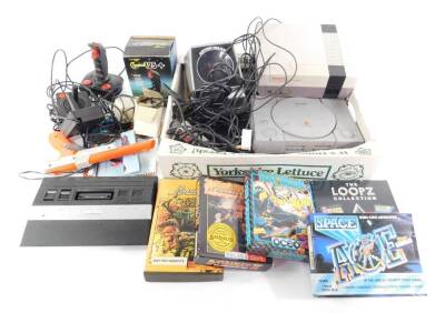 A Sony Playstation, Nintendo entertainments system, Astro Wars Grandstand game, joysticks and games, some boxed (a quantity)