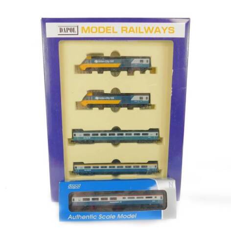 A Dapol Model Railways N gauge HST book set, blue and grey Eastern Region, ND-122H, together with a buffet coach, 2nd Class, blue and grey, boxed. (2)