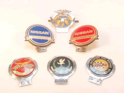 Six automobile bar badges including Thorney Island RAF Motor Club