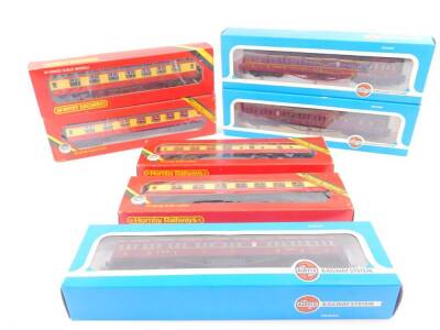 Four Hornby 00 gauge coaches, BR red and yellow livery, R437/R438, together with three Airfix LMS coaches, non corridor, 54251-3/9, all boxed (7)