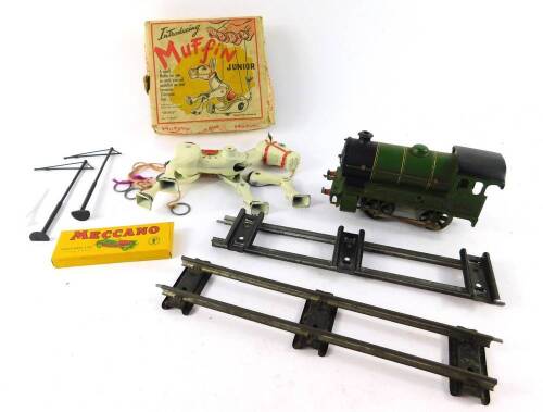 A Hornby 0 gauge locomotive, type 501, green livery, together with track and a Moko Muffin the Mule puppet, boxed