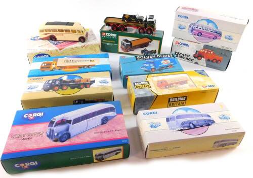 Corgi die cast heavy haulage lorries, vintage lorries and coaches, all boxed.(9)