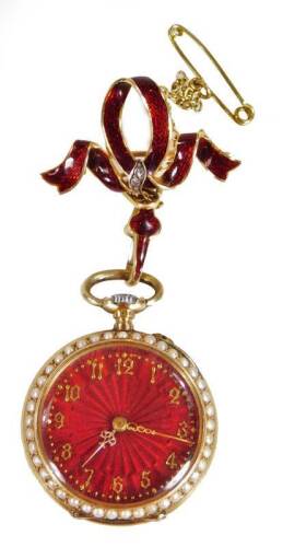 A late 19thC continental guilloche enamel pendant and fob watch, 2.5cm Arabic dial, with an outline of seed pearls and a tooled red enamel face, suspended from a bow with plain pin back and chain, with Swiss movement, yellow metal marked 18K, engraved bac