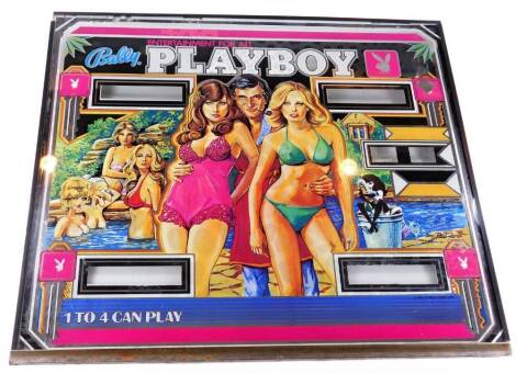 A 1980's Bally Playboy mirror, with official Playboy Bunny emblem, Hugh Hefner and semi clad girls, from a pinball back, ebonised frame, 67cm x 76cm.