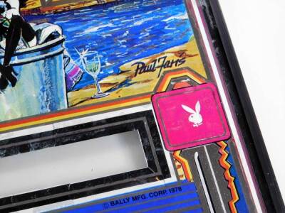 A 1980's Bally Playboy mirror, with official Playboy Bunny emblem, Hugh Hefner and semi clad girls, from a pinball back, ebonised frame, 67cm x 76cm. - 3