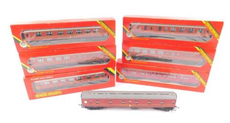 Seven Hornby 00 gauge LMS coaches, red livery, R433/434/935, all but one boxed