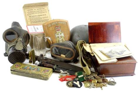 A quantity of Second World War and other ephemera and memorabilia, relating to Pte. L R Boddy of the Infantry, to include his release book, photographs, Green Howards badges, gas mask, tin hat, associated Victorian bayonet, also Third Reich items, etc.