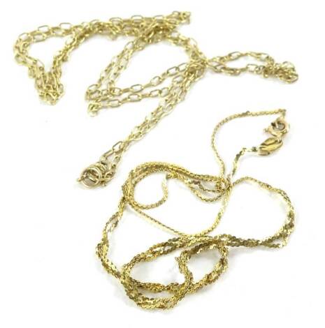 Two 9ct gold chains, to include a fancy link abstract twist design bracelet, and a chain, 5.9g all in.