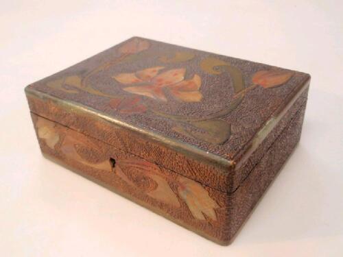 An early 20thC poker work box with stained and painted Arts & Crafts floral