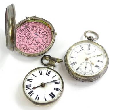 Two silver pocket watches, one H.Stone of Leeds, key wind, the other with plain white enamel dial, and hunter case, no maker. (3)