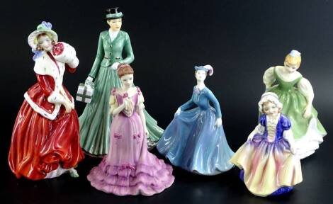 A collection of porcelain ladies, to include Royal Doulton Dinky Do, Fair Maiden, Christmas Morn and We Wish You a Merry Christmas, Coalport Isobel and Ann. (6)