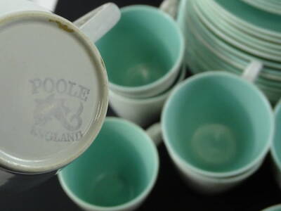 A large quantity of Poole grey and turquoise two tone dinner ware, to include coffee pot, teapot, toast rack, cups and saucers, dinner plates etc. - 2