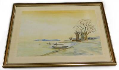 Late 20thC School. African coastal landscape with figures in boats etc., watercolour, monogram dated 1987, 53cm x 73cm.