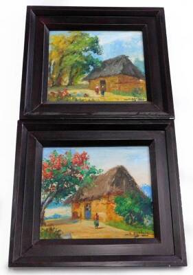 Sagaluis. Tropical scene with cottages, figures etc., oil on board, 28cm x 34cm, a pair.