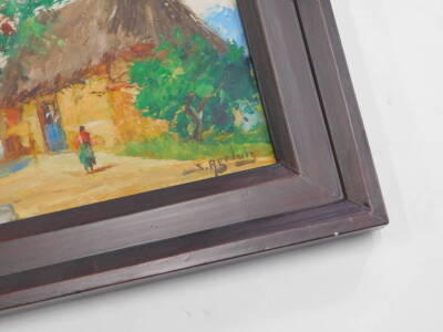 Sagaluis. Tropical scene with cottages, figures etc., oil on board, 28cm x 34cm, a pair. - 2