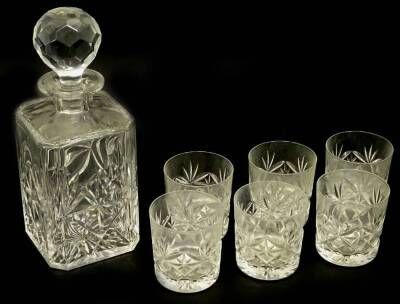 A set of six Webb Continental hand cut glass tumblers, in original box and a square section decanter in original box.