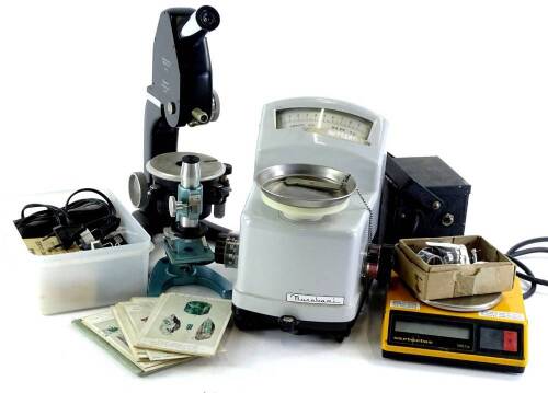 A collection of gemology testing equipment etc., to include microscope, scales, etc.
