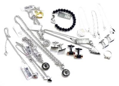 A quantity of modern jewellery, to include Guess necklace and earring sets, Unique jewellery, D for Diamond pendant, all either boxed or with sleeve. (a quantity)