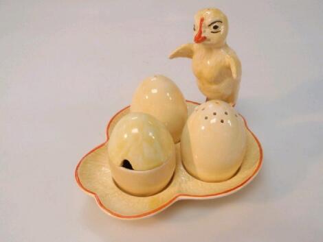 A Crown Devon novelty egg and chick condiment set