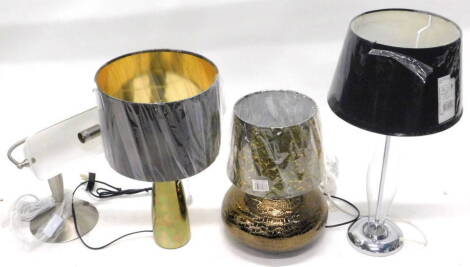 Four as new table lamps, to include a desk lamp with a clear glass shade, and a bronzed pottery lamp base.