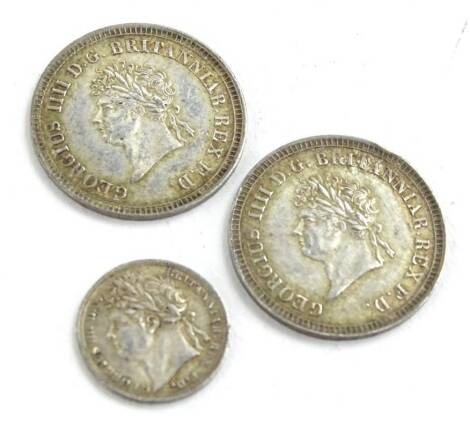 Two maundy coins, George IV, thre'pence and a penny coin.