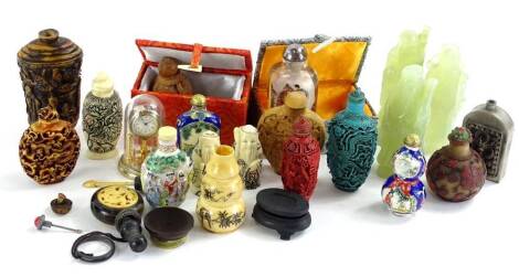 A quantity of late 20th/21stC oriental snuff bottles, to include three green hard stone examples, a reverse painted piece and enamel snuff bottle.