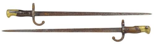 Two 19thC French bayonets, each with a brass handle, engraved and dated. (2)