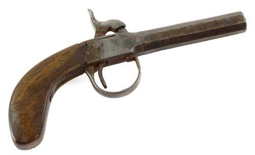 A 19thC pistol, with steel barrel, indistinctly stamped and later handle, 19cm L.