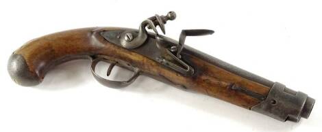 A flintlock pistol, with metal barrel, walnut stock, unmarked, 32cm L.