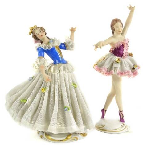 Two Dresden porcelain crinoline figures, to include a ballerina titled Sibyll, 20 and 16cm H respectively.