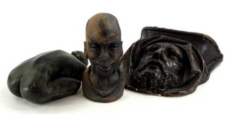 A French bronzed plaster wall bracket, modelled in the form of a bearded gentleman, 59cm H, a Tribal type pottery sculpture, and a resin nude figure of a lady, label to underside for Volumes and Formes.