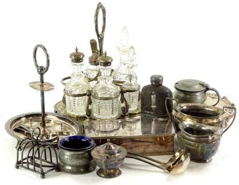 Miscellaneous items of silver plate and pewter, to include a continental salver, a part cruet, etc.