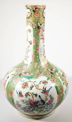 A 19thC Cantonese famille rose vase, with cylindrical stem and bulbous body, heavily decorated with panels of birds, insects and figures, predominately in pink and green with gilt highlights, on a circular foot, unmarked, 36cm H. - 4