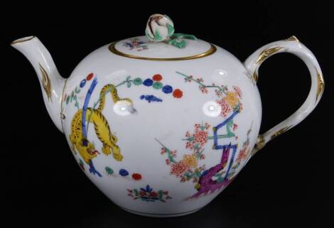 An 18thC Meissen porcelain teapot and cover, bullet shaped, decorated in the Kakiemon style with a yellow tiger, prunus branches and scattered flowers, with further gilt bands, cross sword mark and painter's red 6 beneath, 10cm H.