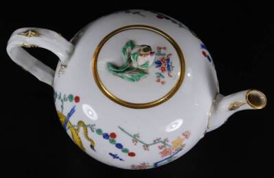 An 18thC Meissen porcelain teapot and cover, bullet shaped, decorated in the Kakiemon style with a yellow tiger, prunus branches and scattered flowers, with further gilt bands, cross sword mark and painter's red 6 beneath, 10cm H. - 3