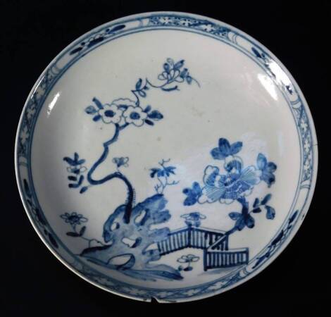 A mid 18thC Worcester blue and white porcelain saucer, decorated with the Zig-Zag Fence pattern, within an X cross and floral border, well painted and thinly potted, workman mark, c1756-58, 12cm Dia. See Branyan, French and Sandon Worcester Porcelain re