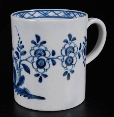 A mid 18thC Liverpool porcelain coffee can, by Chaffers or William Reid, with a simple grooved loop handle and unglazed base, decorated in blue and white with a version of the Floral Hollow Rock pattern, with a simple cross banded inner border, unmarked,