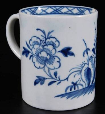 A mid 18thC Liverpool porcelain coffee can, by Chaffers or William Reid, with a simple grooved loop handle and unglazed base, decorated in blue and white with a version of the Floral Hollow Rock pattern, with a simple cross banded inner border, unmarked, - 2